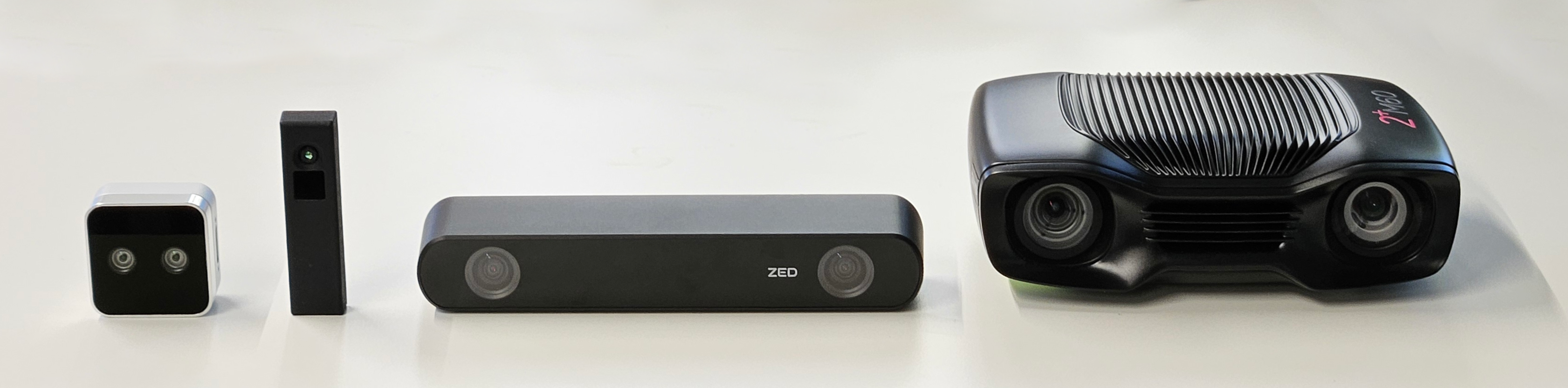 The Intel RealSense D405, PMD Flexx2, Stereolabs ZED 2i, and Zivid 2M+ 60 depth sensors.